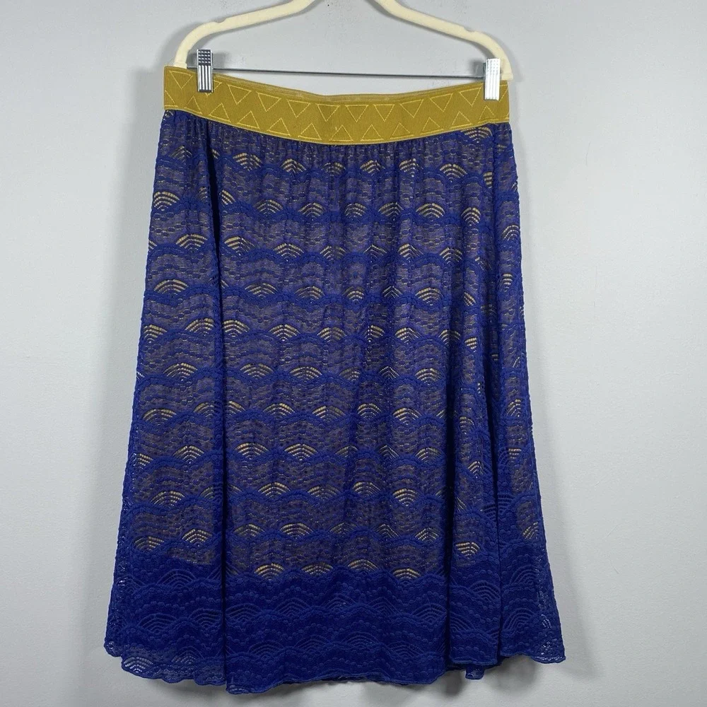 Lularoe‎ Womens Lola Skirt Size XL Blue Yellow Lace Overlay Knee Length Office